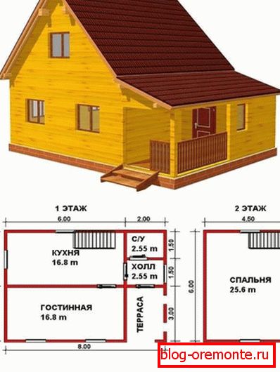 Projekt dřevěného domu 6 * 8 s podkrovím Projekt dřevěného domu 6 * 8 s podkrovím